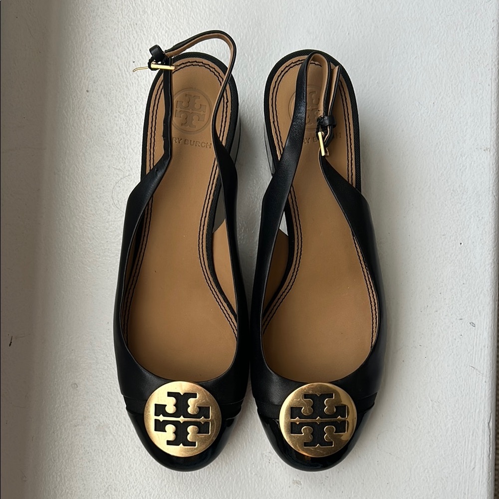 Tory Burch Black and Gold Women's Slingback Flats